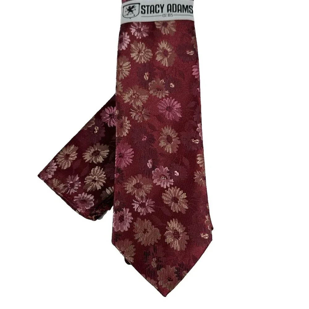 Stacy Adams Men Tie Hanky Burgundy Pink Bone Floral 100% Microfiber 3.25